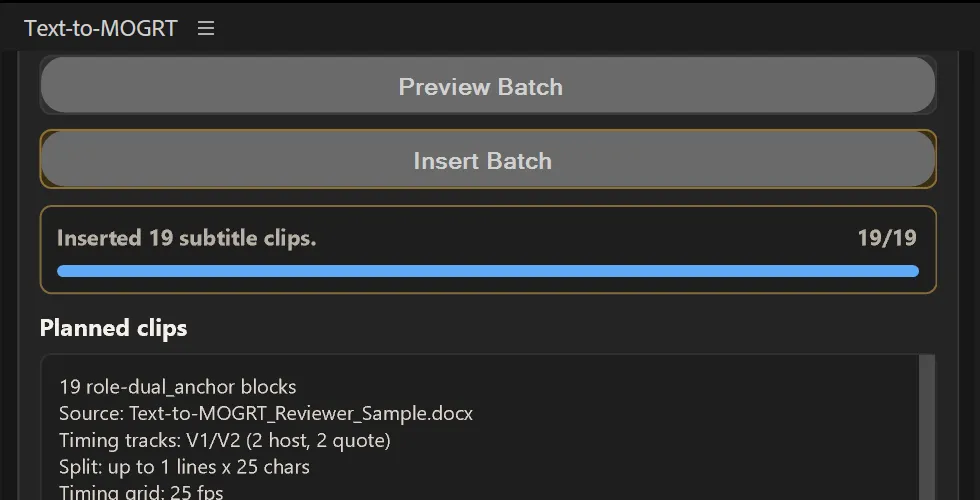 Text-to-MOGRT confirmation reading Inserted 19 subtitle clips with a 19 of 19 progress indicator