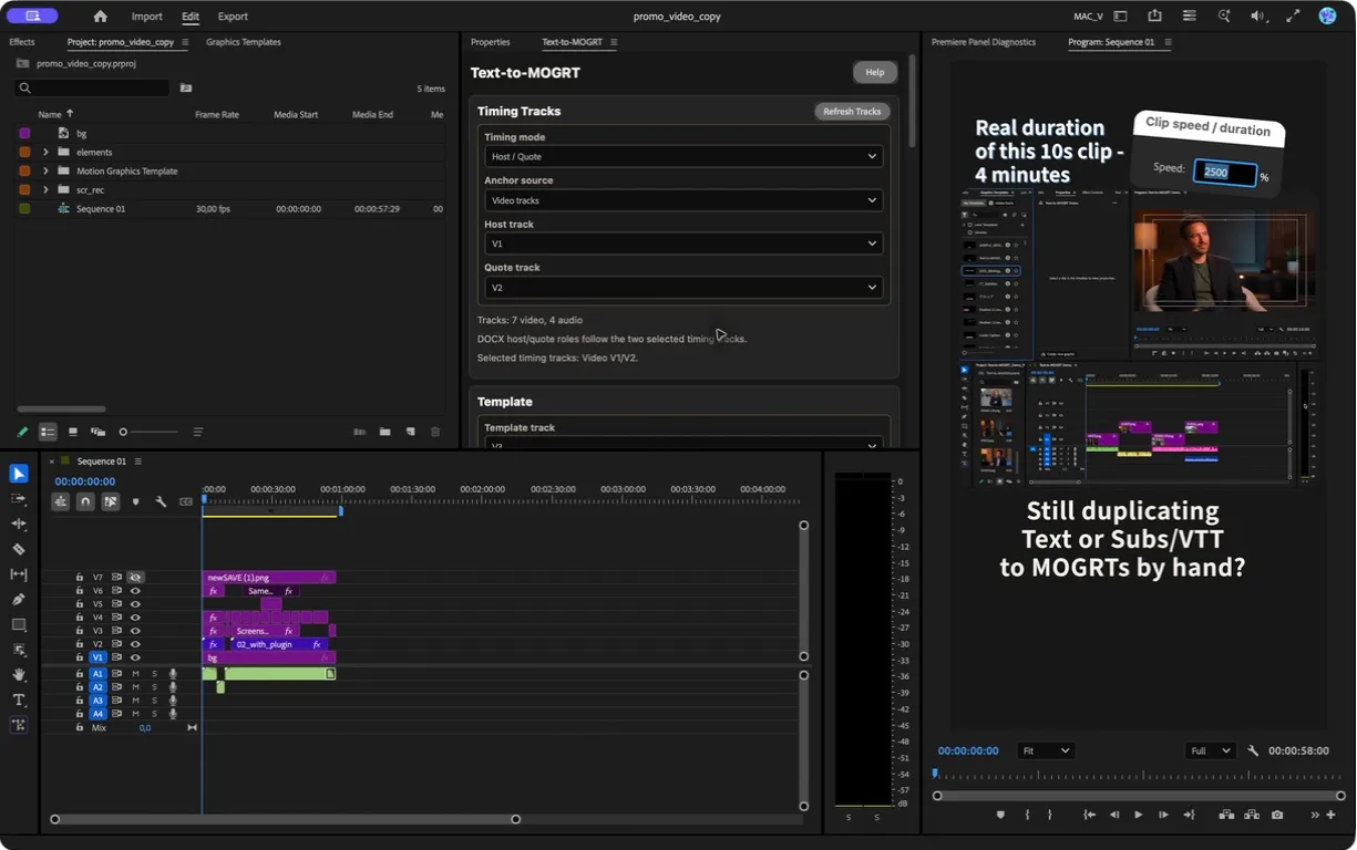 Adobe Premiere Pro with the Text-to-MOGRT panel, a prepared multi-track sequence, and the program monitor visible