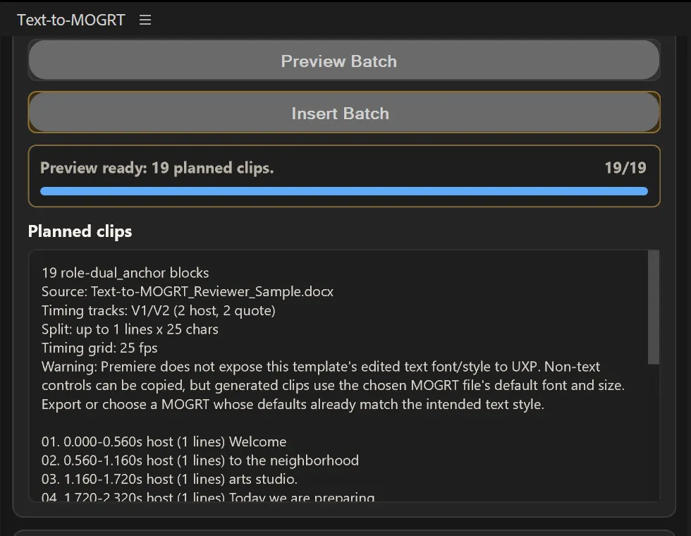 Text-to-MOGRT preview showing 19 planned clips with source, timing tracks, split settings, timing grid, warning, and individual clip entries