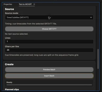 Text-to-MOGRT Timed Subtitles source mode with Choose SRT or VTT, Lines, Chars per line, Preview Batch, and Insert Batch controls